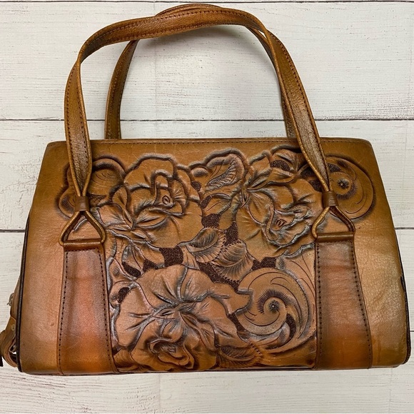 Vintage Hand Tooled 60-70s Leather Handbag - Picture 1 of 16